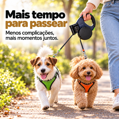Trela Dupla Retrátil para 2 Cães — Sem Nós, com Rotação 360°