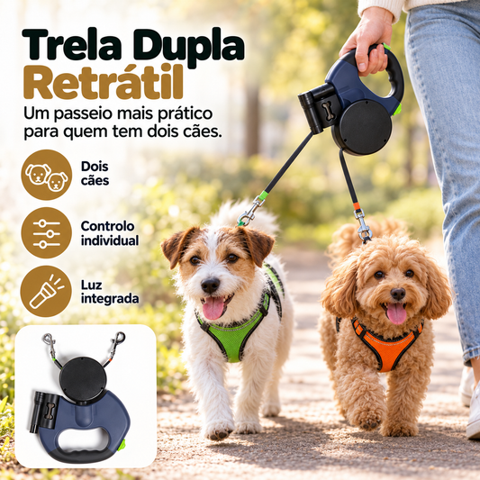 Trela Dupla Retrátil para 2 Cães — Sem Nós, com Rotação 360°