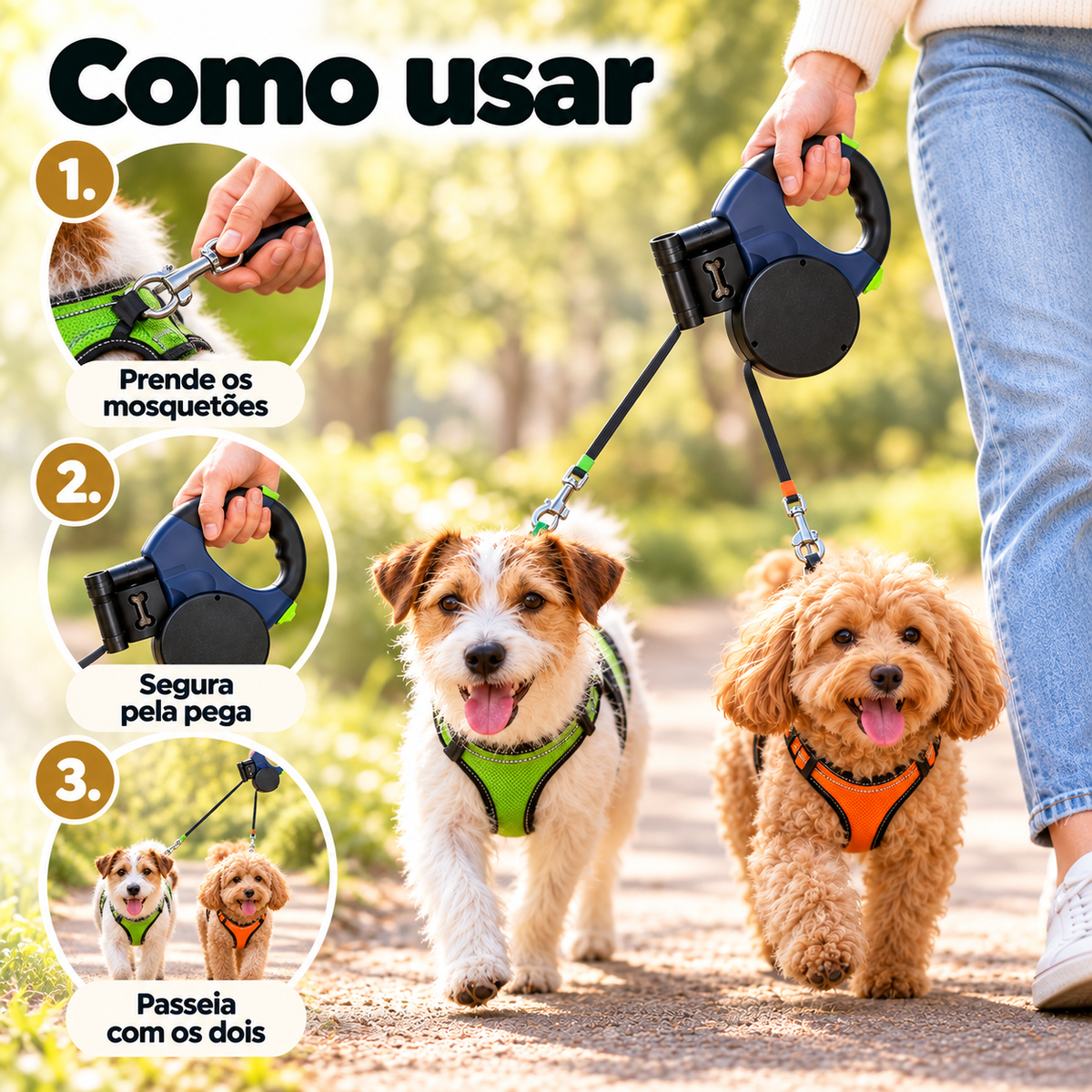 Trela Dupla Retrátil para 2 Cães — Sem Nós, com Rotação 360°
