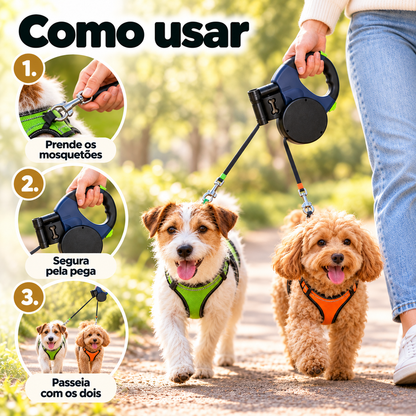 Trela Dupla Retrátil para 2 Cães — Sem Nós, com Rotação 360°